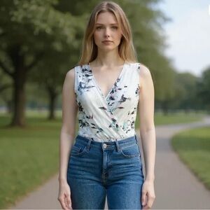 Guess V-Neck White Multi Color Floral Print Sleeveless Wrap Stlye Body Suit‎